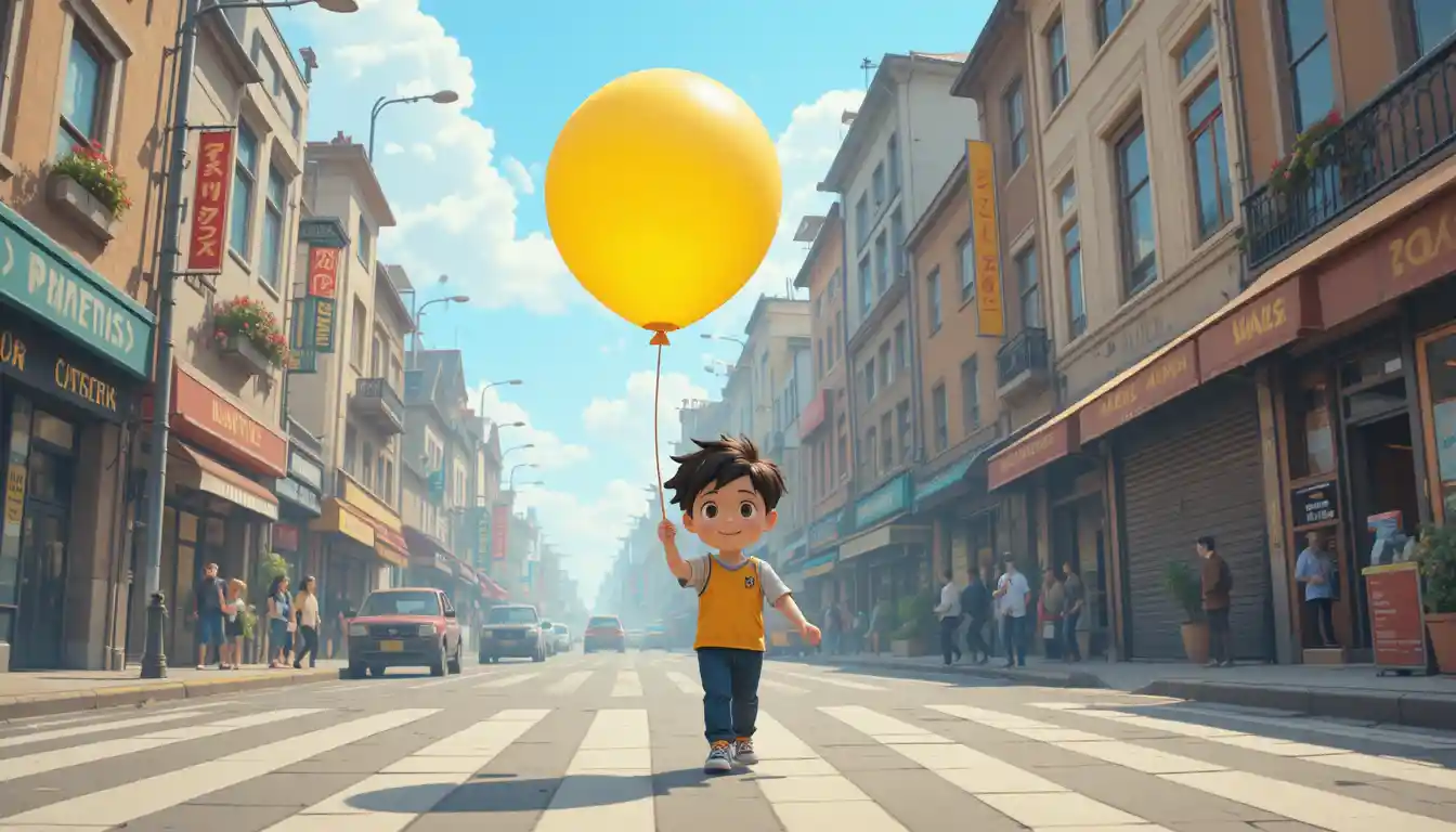 Cartoon boy walking with a big yellow balloon on street