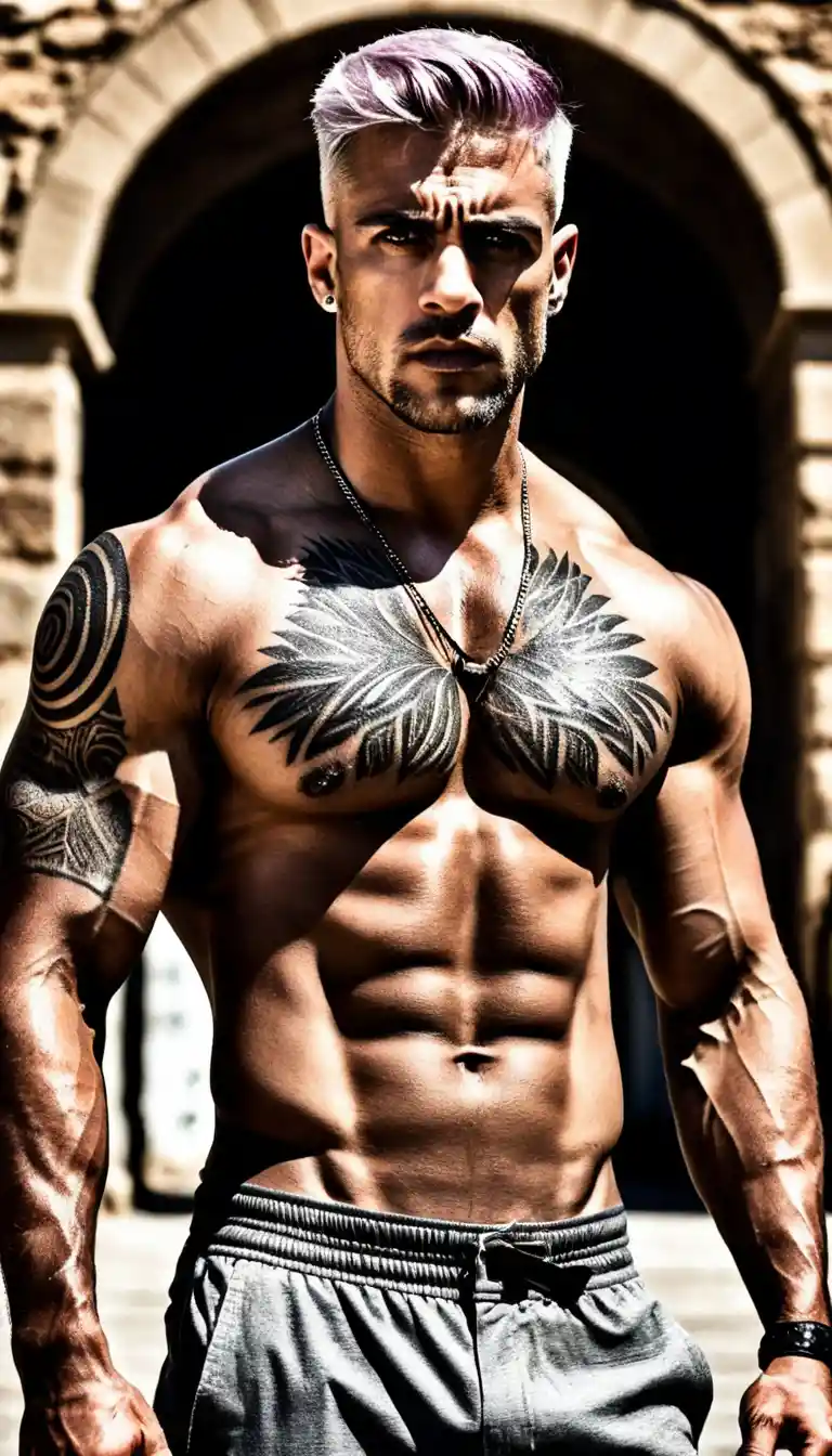 Tattooed muscular man in rocky landscape under harsh sun
