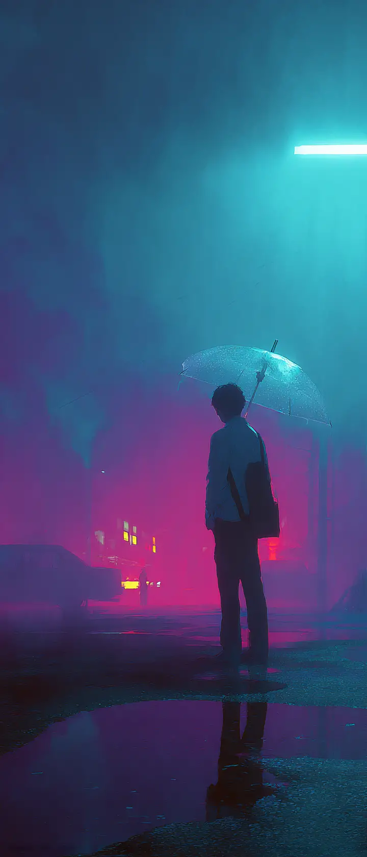 Anime boy with umbrella on neon city street at night