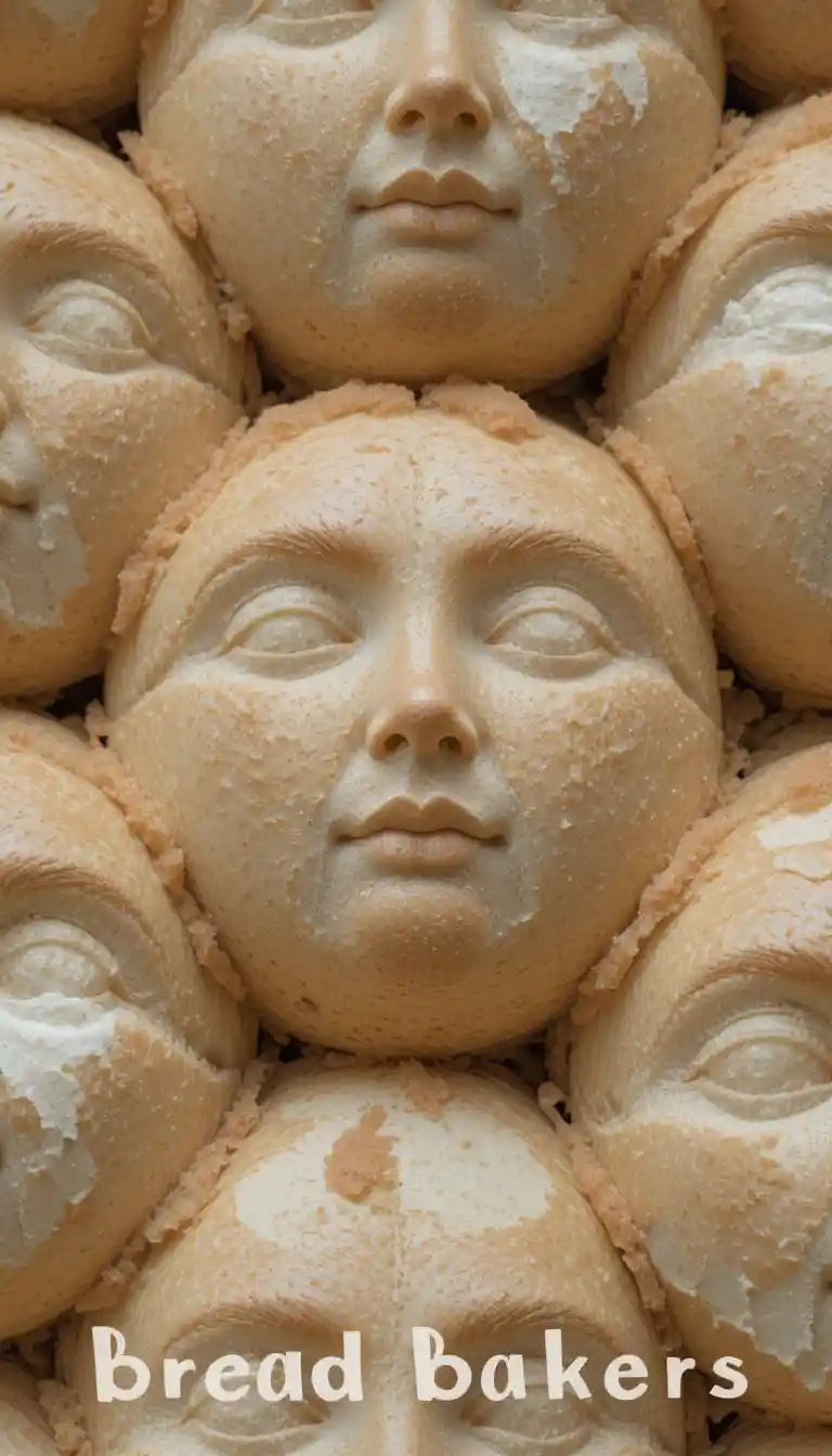 Close up of bread shaped like human faces with text