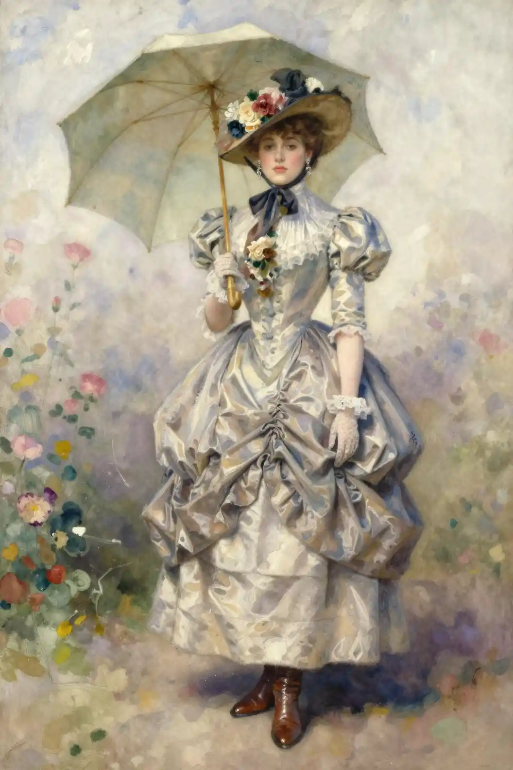 Elegant Victorian woman with parasol in watercolor style