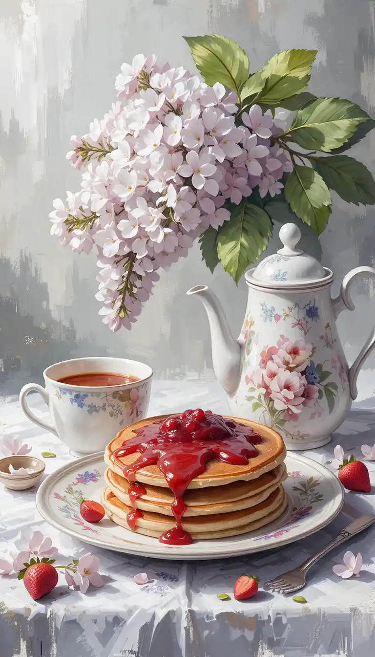 Abstract breakfast still life with pancakes and tea set