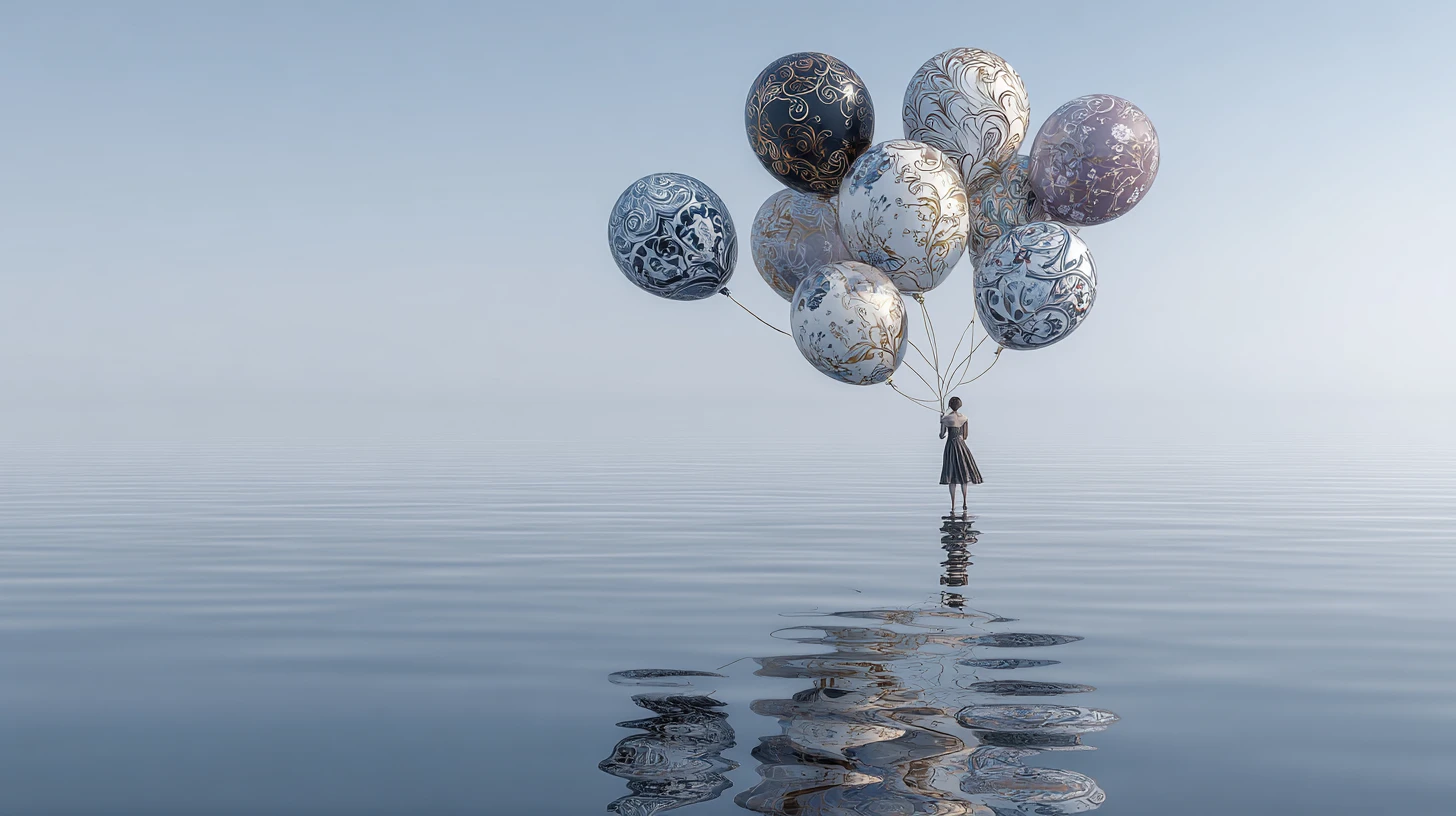 Globos surrealistas flotando sobre una superficie de agua reflectante
