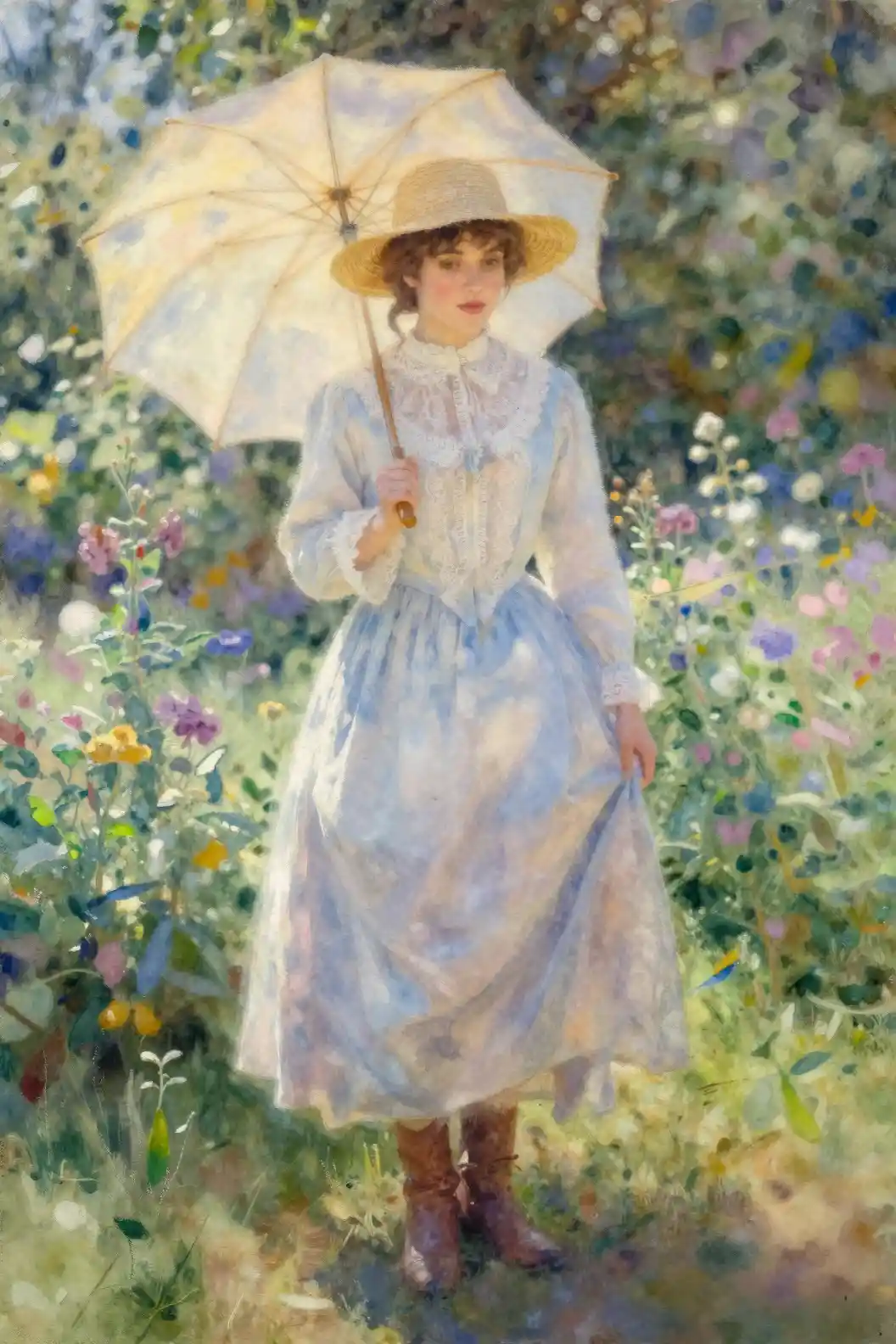 Watercolor portrait of a woman in a sunlit garden