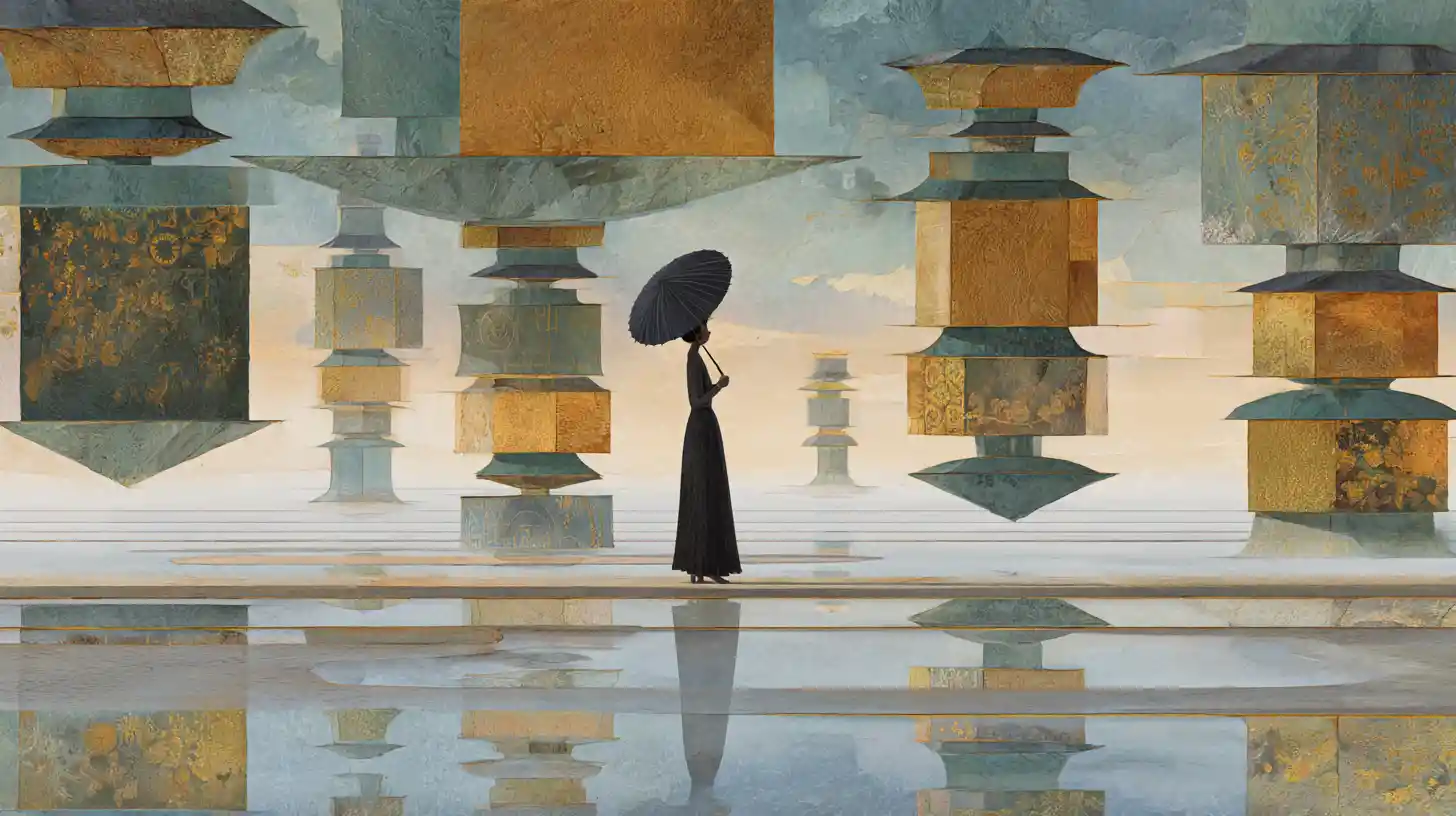 Solitary figure beneath stacked patchwork umbrellas in pastel sky