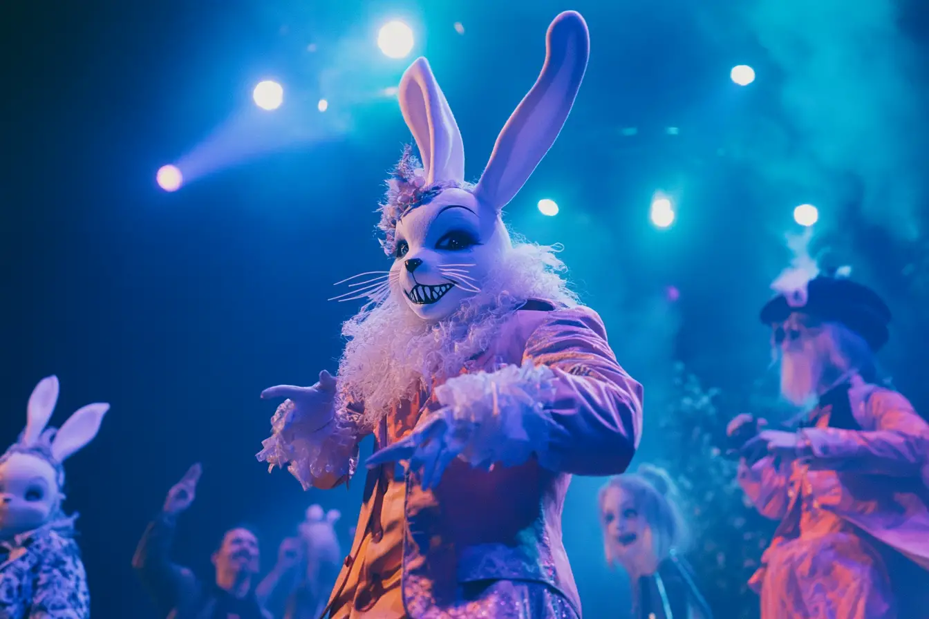 Alice and the grinning cat dancing at a wild rave