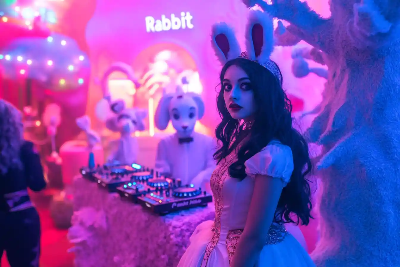 Rave dance floor with a surreal dj in wonderland