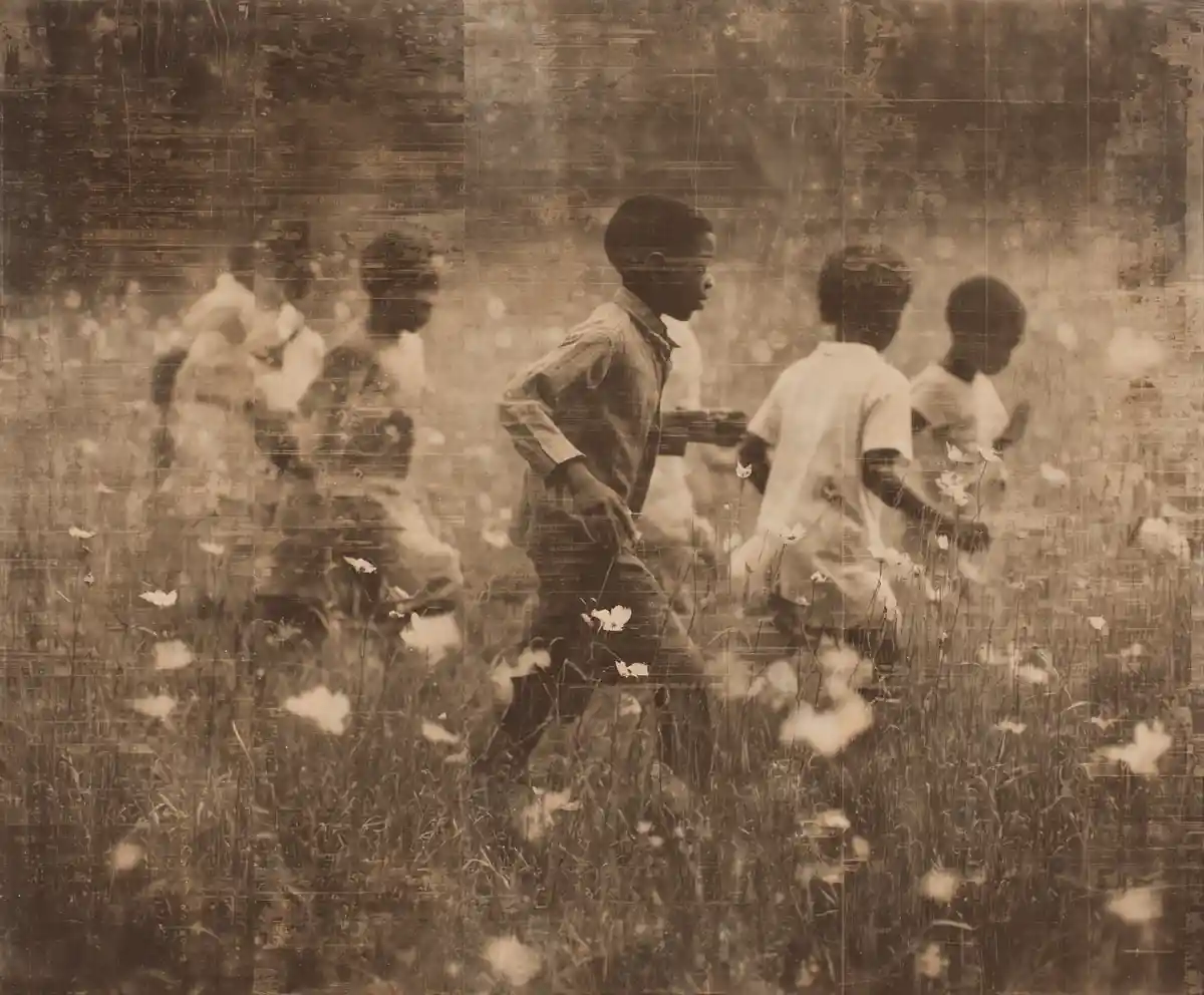 Sepia photograph of children playing in a flower field