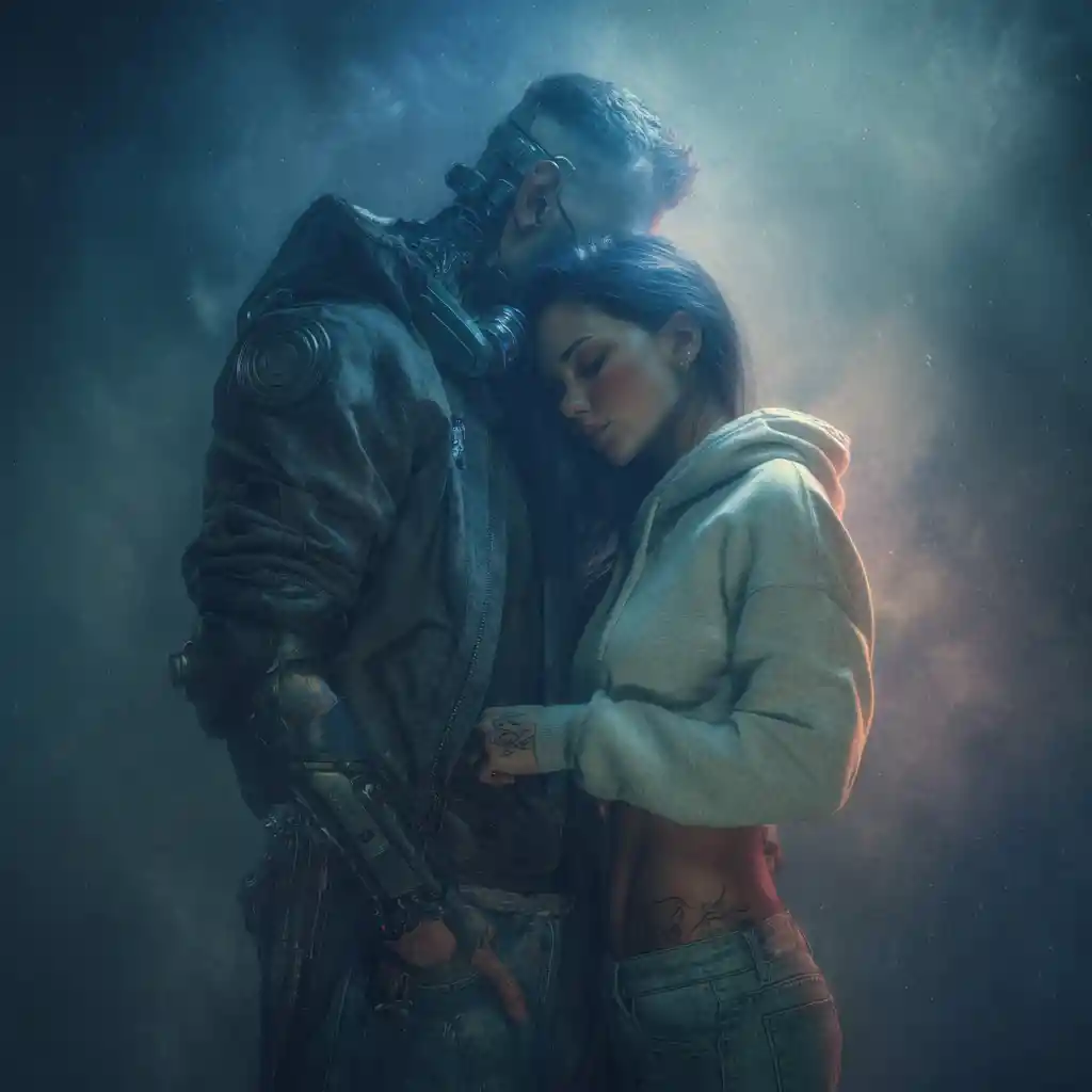 Romantic dance of cyborg man and woman in hoodie