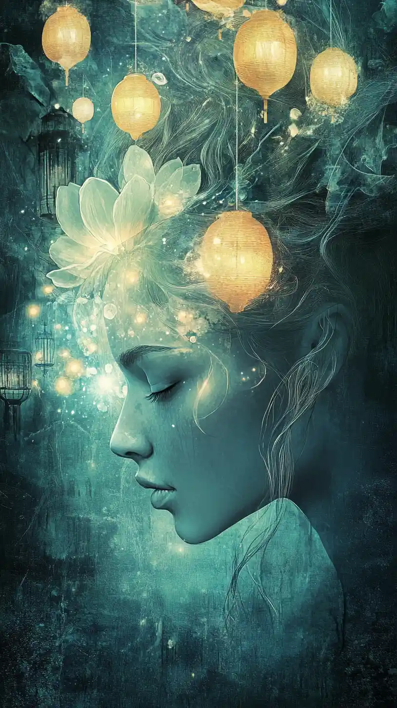 Ethereal bio engineered princess floating in a glowing dreamscape