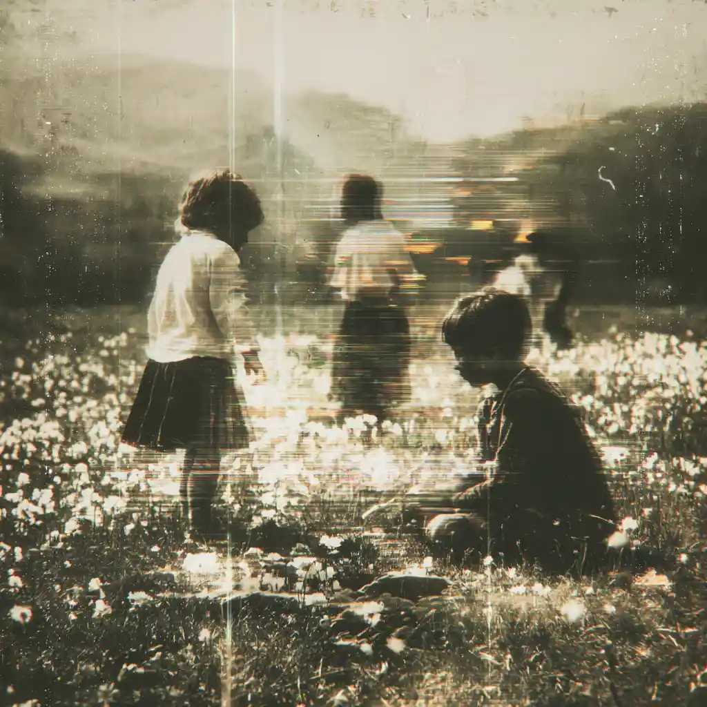 Children playing in a vintage photograph of a flower field