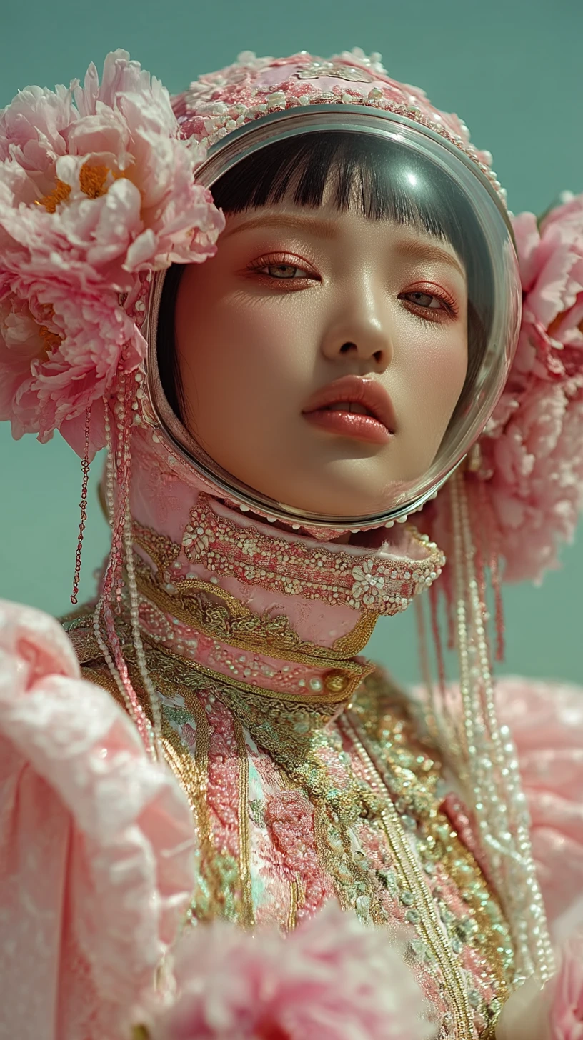 身穿粉彩粉紅太空服與花朵的靜謐科幻女子