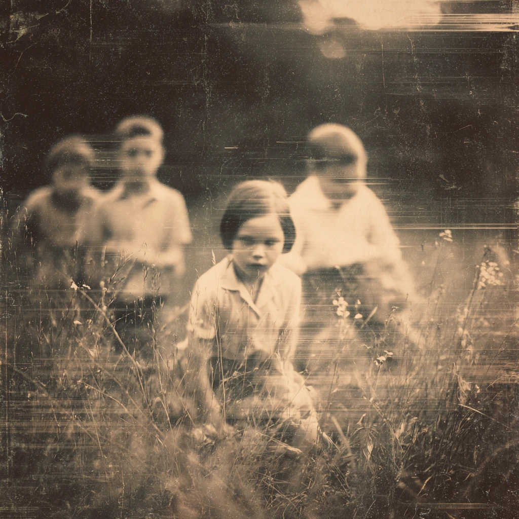 Sepia vintage children playing in a wildflower field