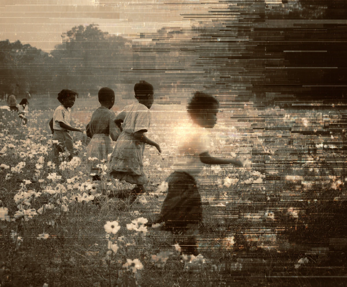 Nostalgic children playing together in a wildflower field