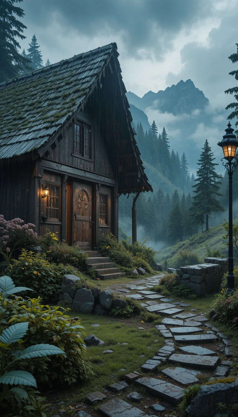 Cozy mountain village houses glowing softly in the mist