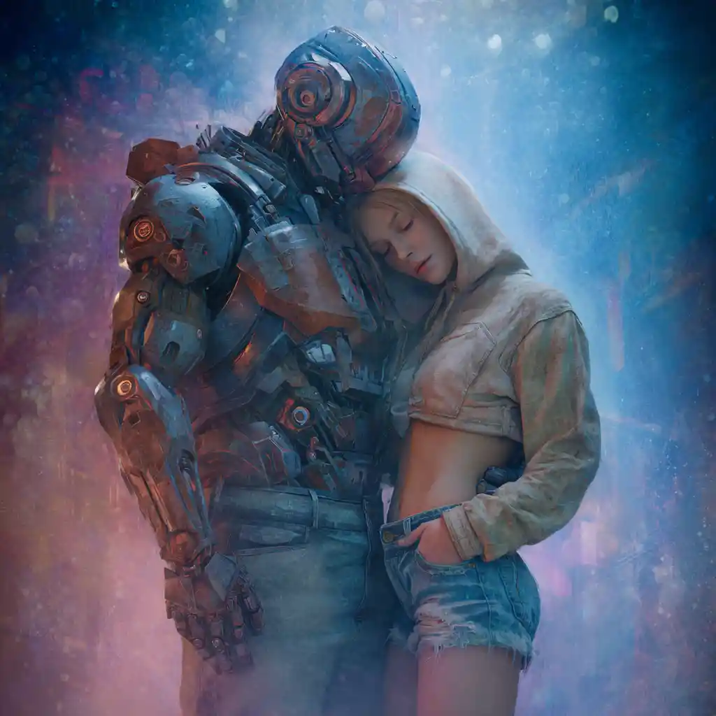 Cyberpunk cyborg dancing with woman in casual hoodie