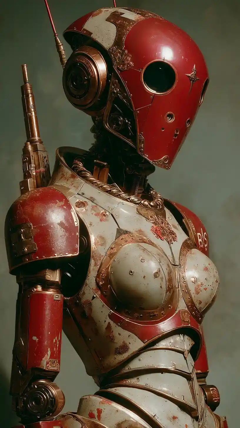 Female robot warrior in a dark post apocalyptic landscape