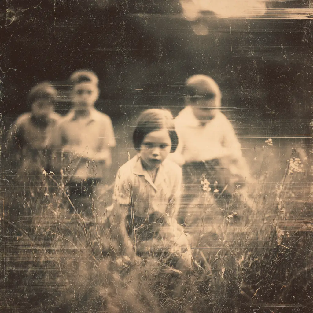 Sepia vintage children playing in a wildflower field