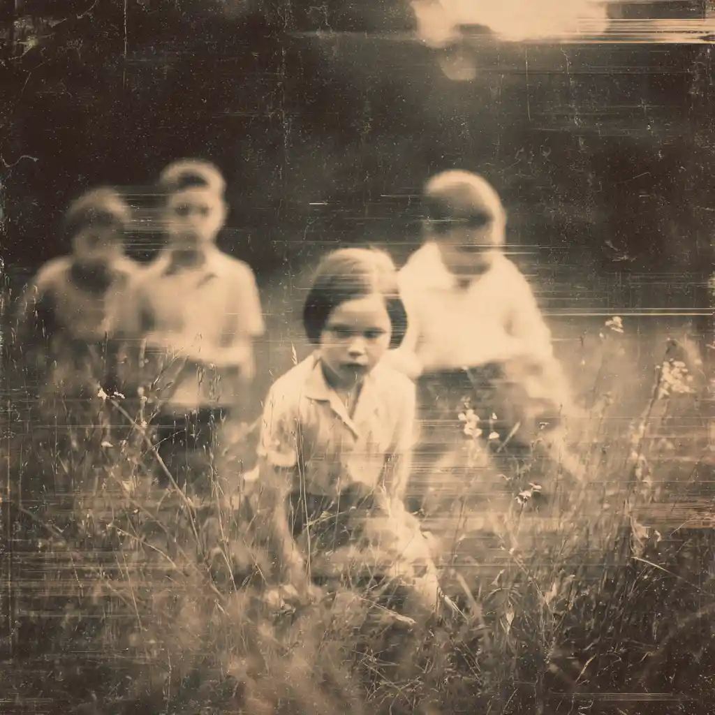 Sepia vintage children playing in a wildflower field