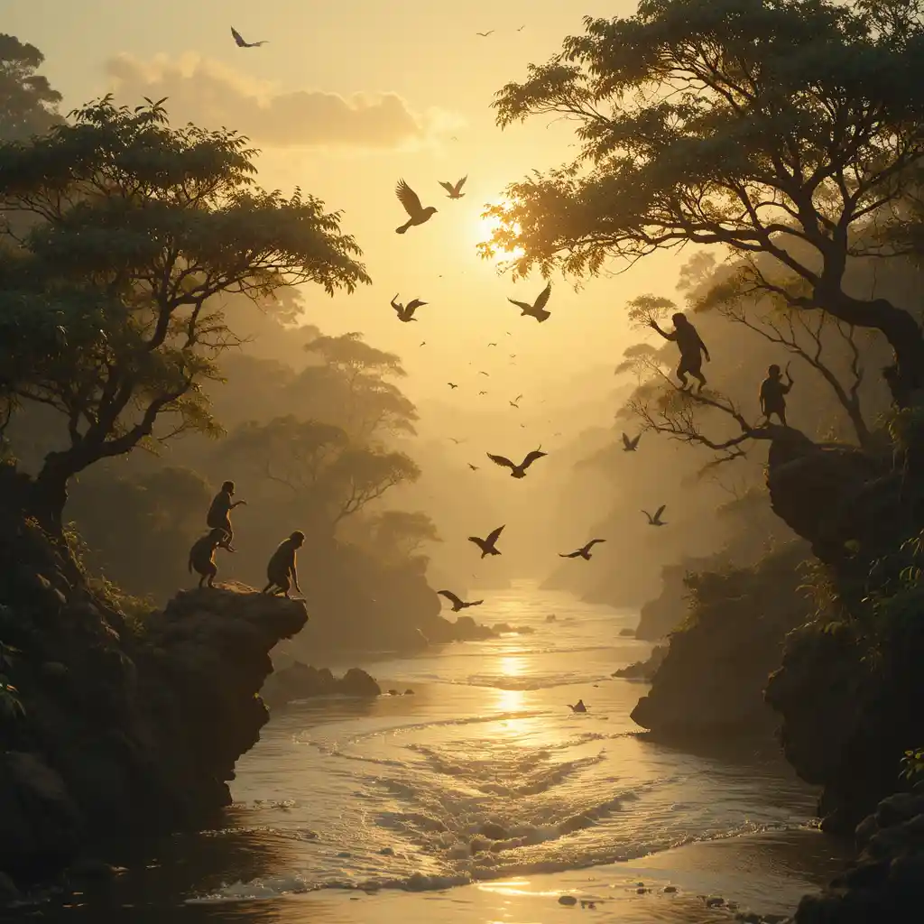 Golden evening river with birds flying across the sky