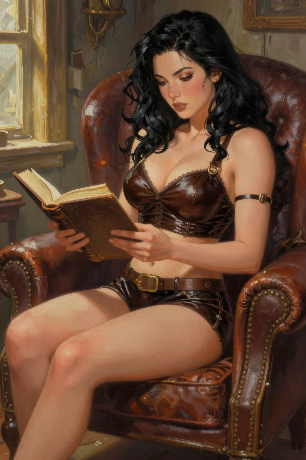Curvy woman reading in a warm post apocalyptic cabin