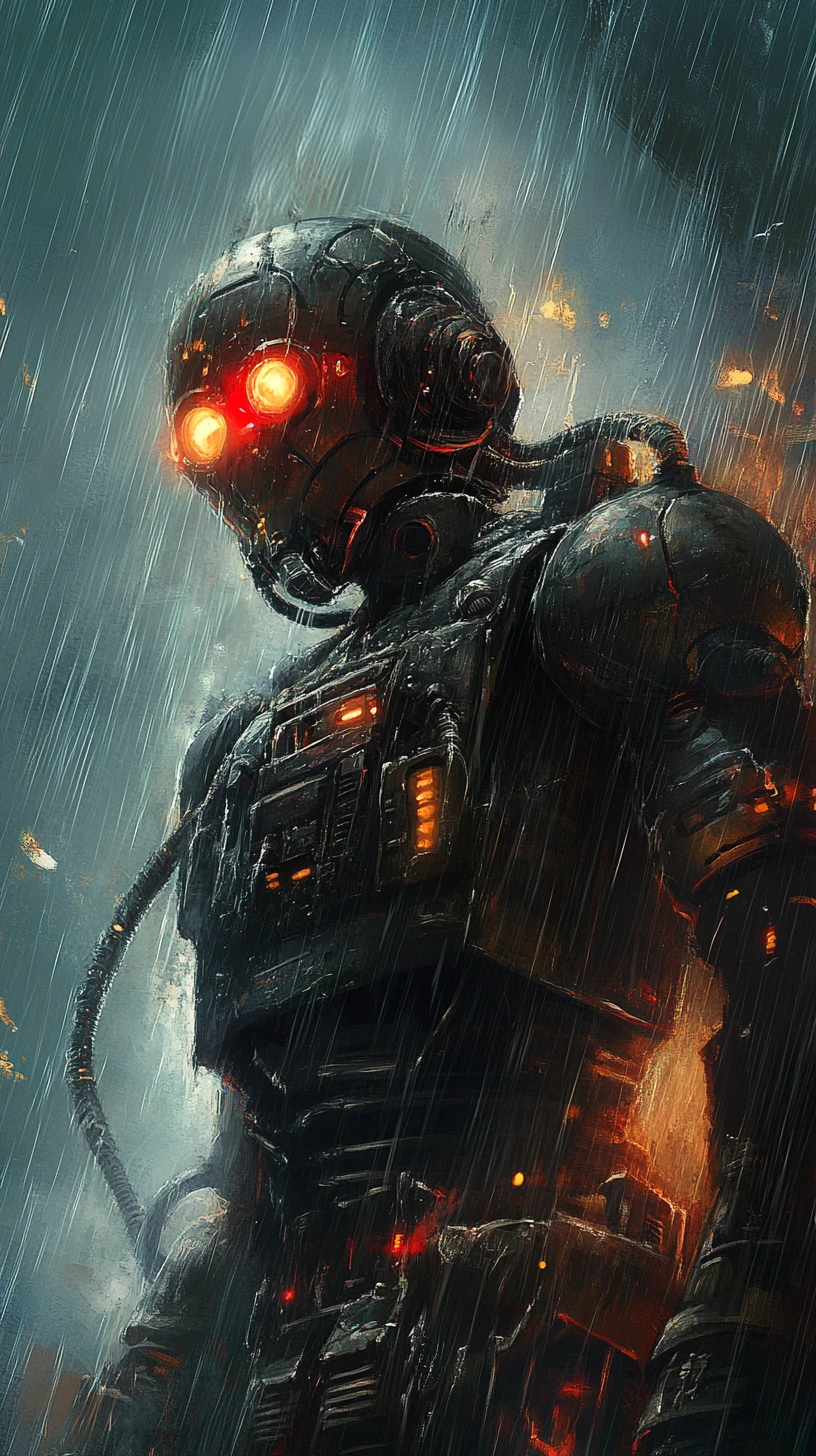 Colossal war machine rises over neon storm cityscape
