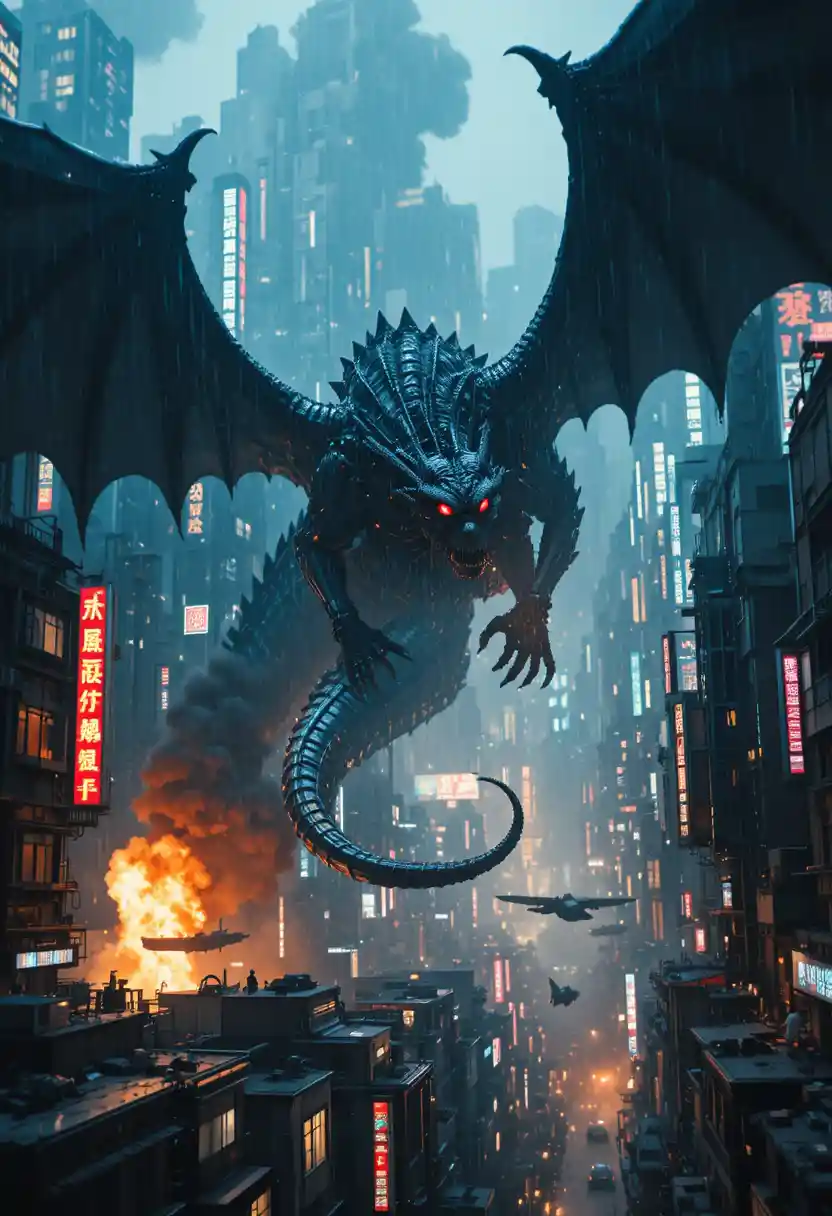 Gigantic biomechanical dragon over neon futuristic city