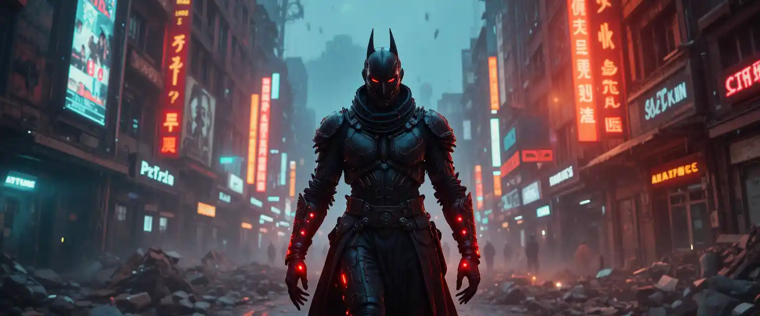 Dark armored knight walking through ruined cyberpunk megacity