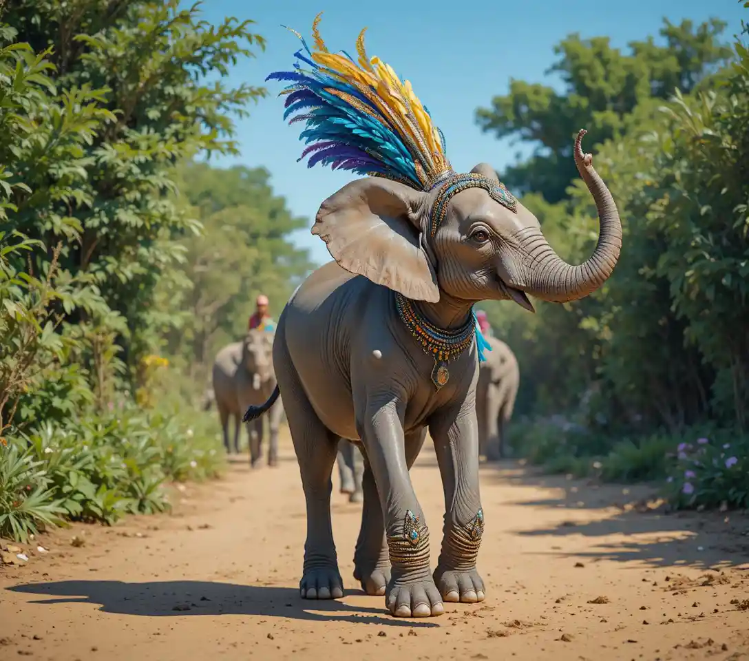 Carnival dancer in feathered costume performing in daylight street parade
