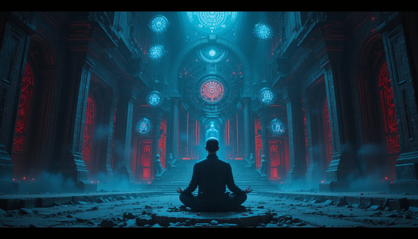 Cybernetic monk meditating in a dark alien temple