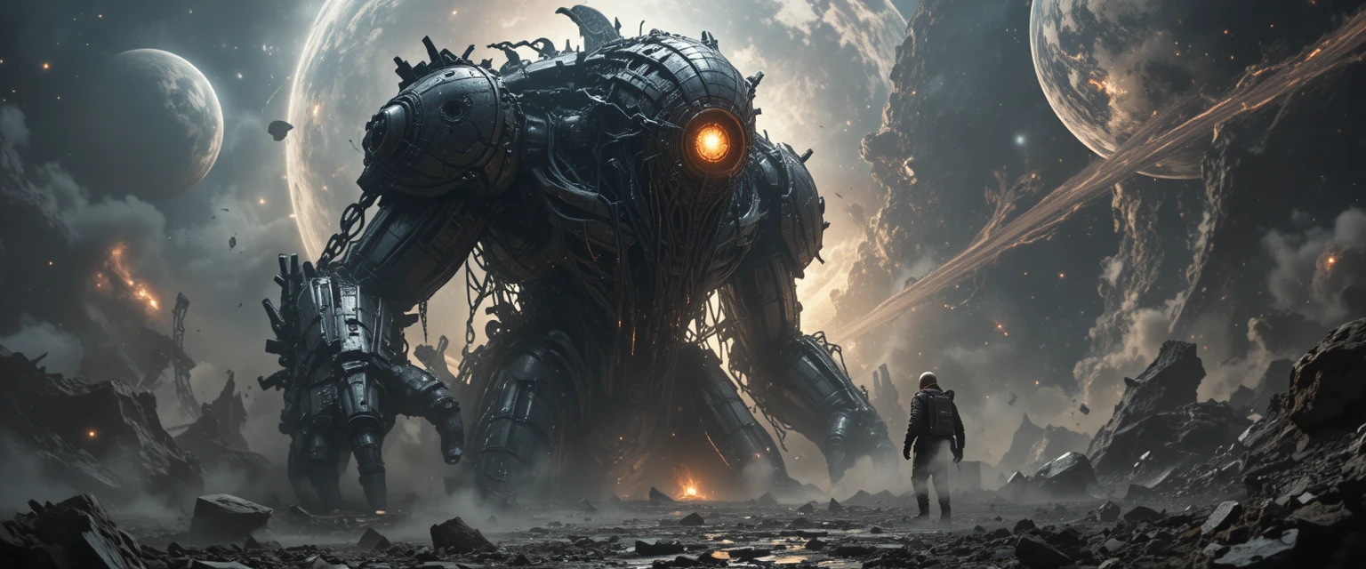 Colossal mechanical god rising from a shattered planet in space