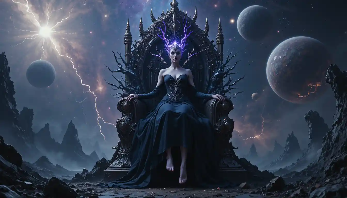Cosmic queen on a throne of black holes and ruins