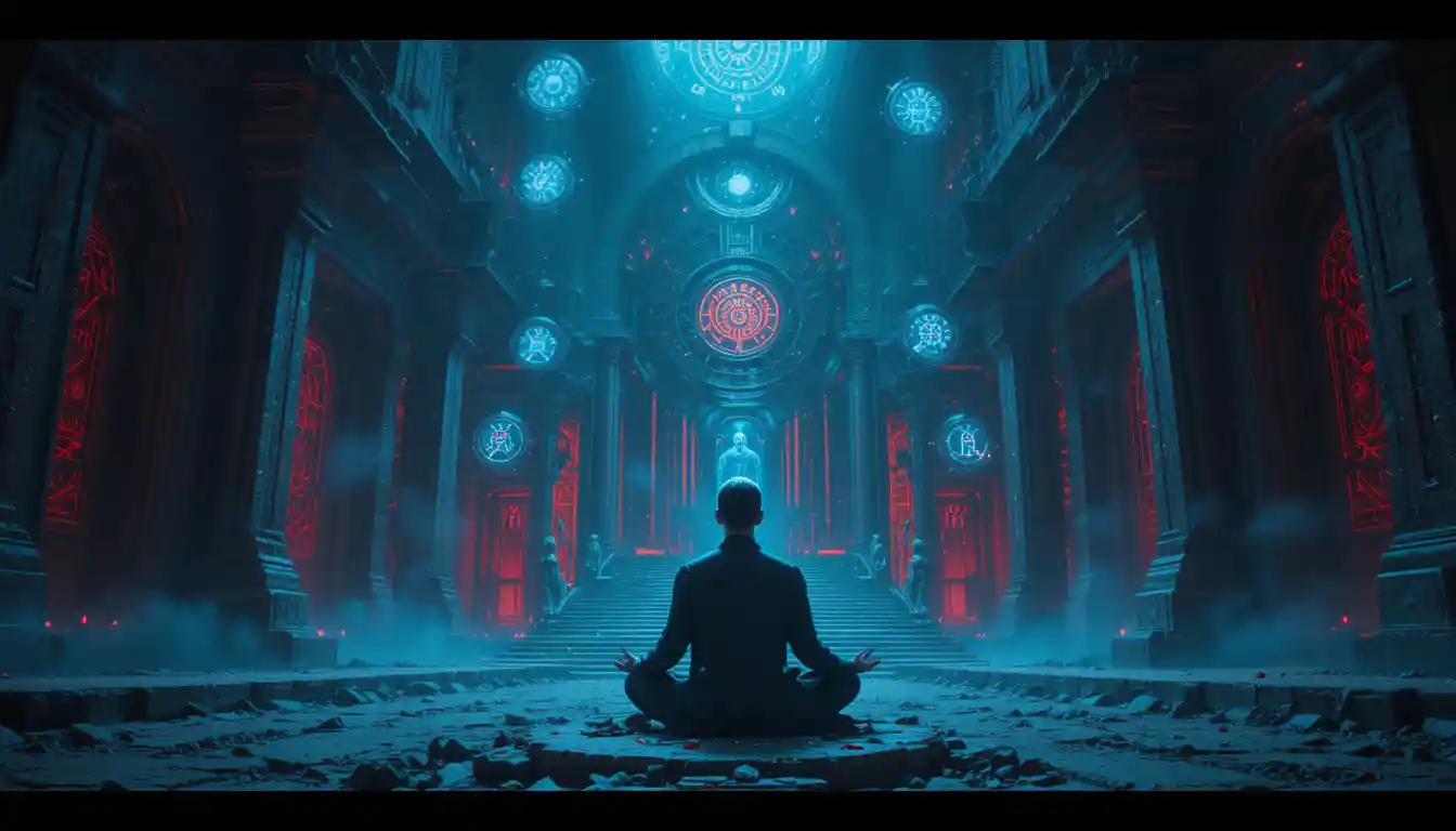 Cybernetic monk meditating in a dark alien temple