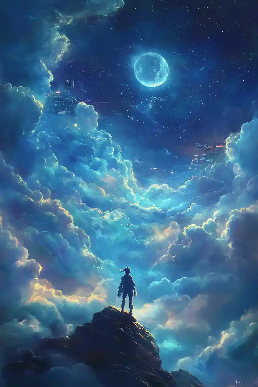 Sleeping child super villain cradled in soft fantasy clouds