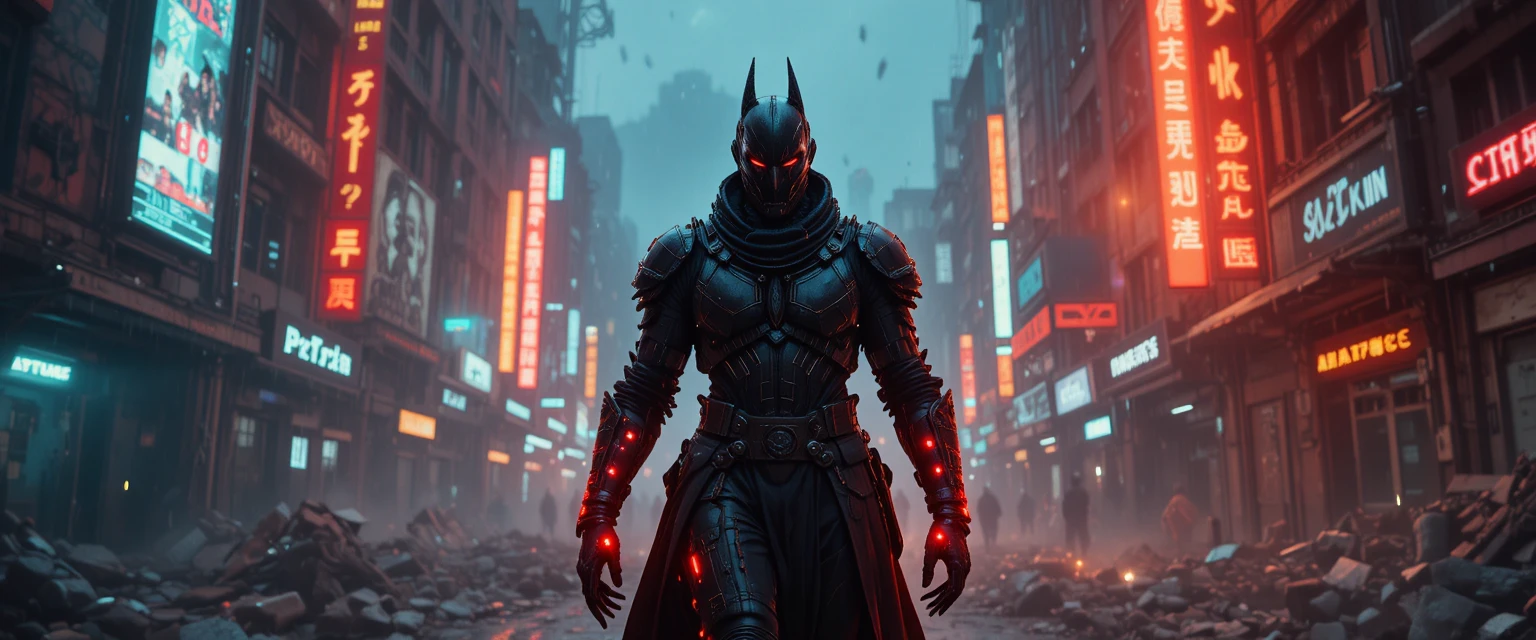 Dark armored knight walking through ruined cyberpunk megacity