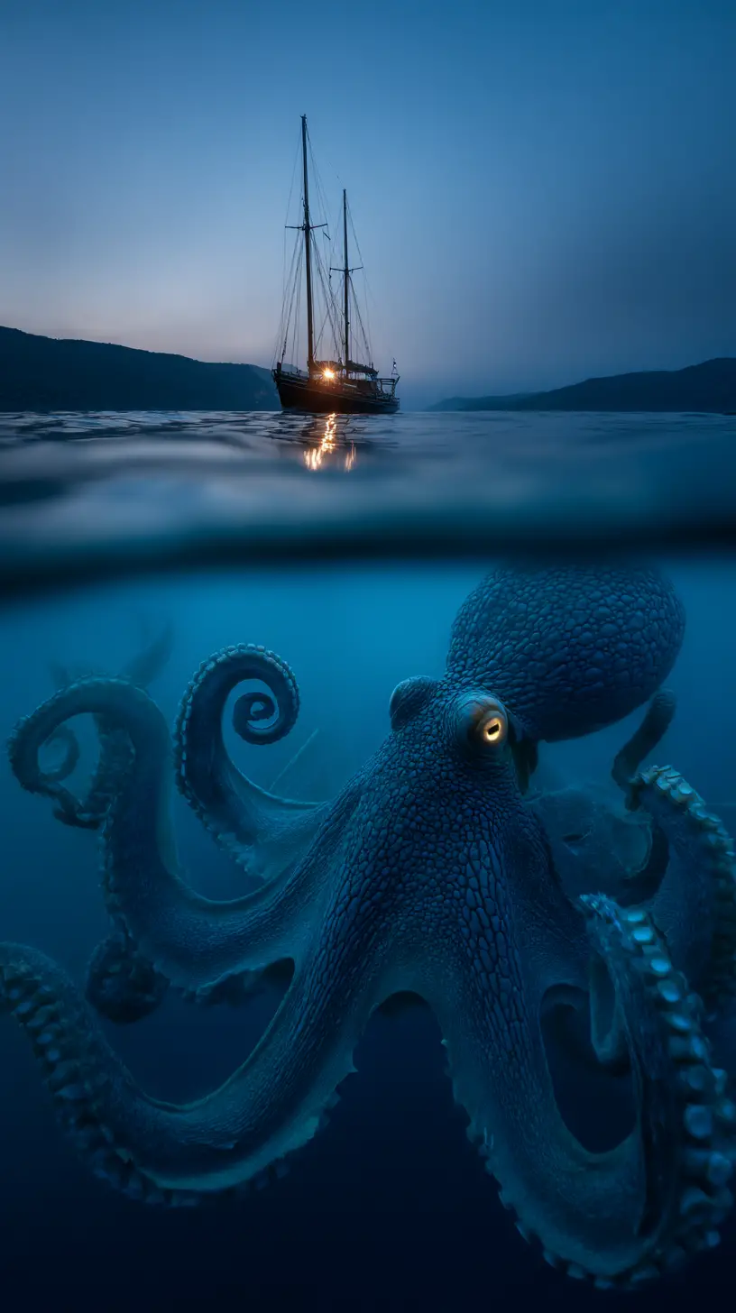 Underwater view of sailboat above colossal lurking octopus