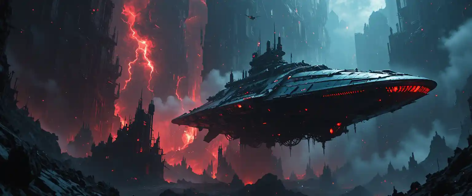Gigantic spaceship crossing a hellish dimension of monstrous forms