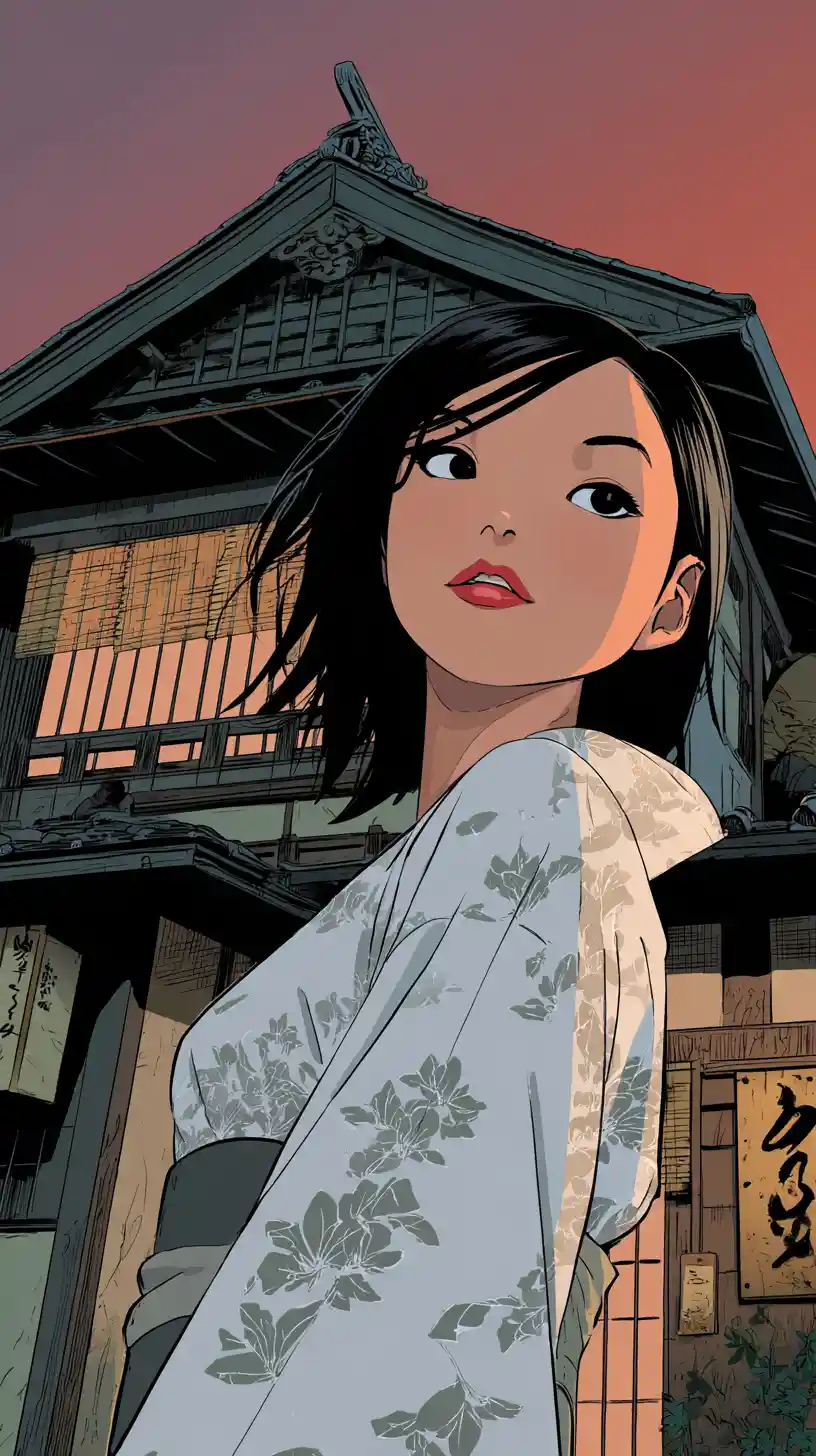 Asian woman in silk kimono before a Japanese paper house