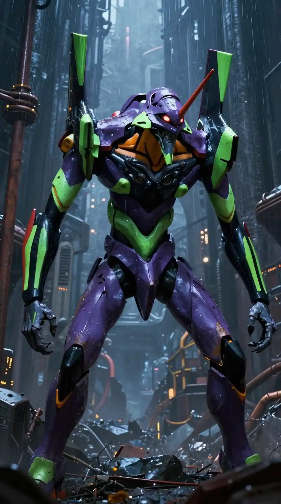 Bio mechanical purple mecha looming over ruined futuristic city