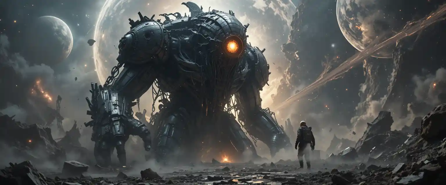 Colossal mechanical god rising from a shattered planet in space