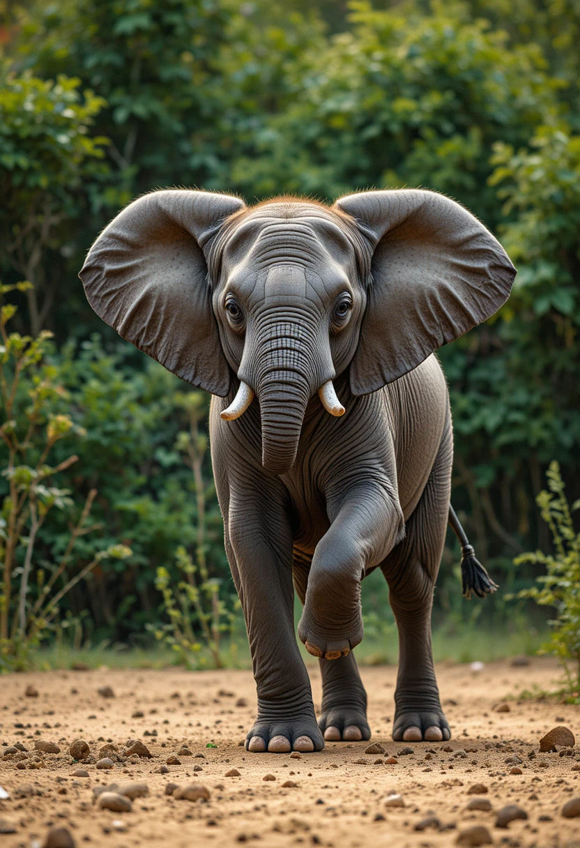 Young elephant walking on sandy ground in lush habitat