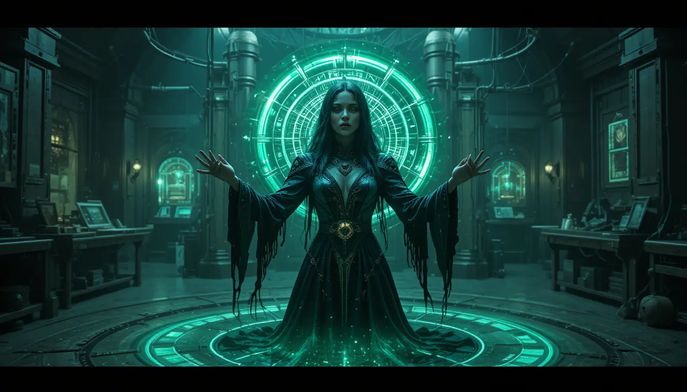 Technological witch summoning ancient ai in gothic lab