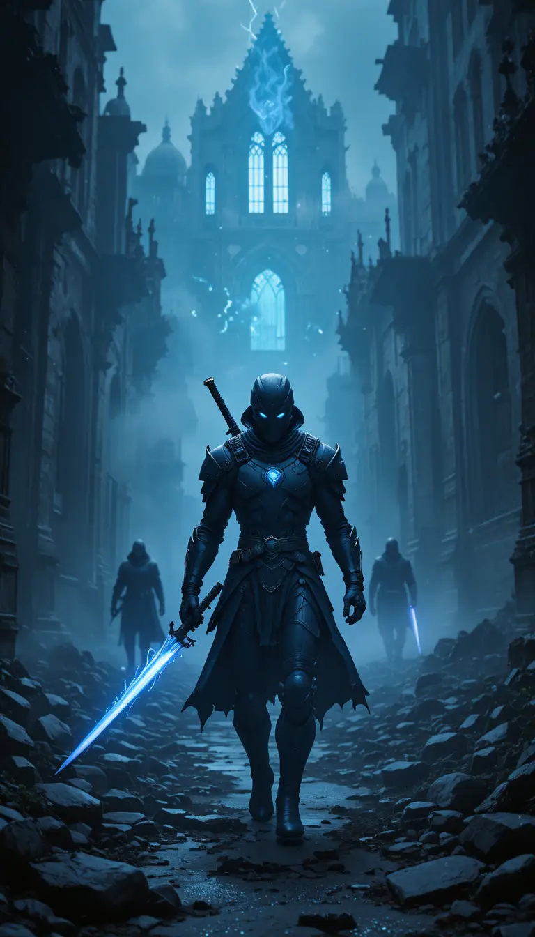 Futuristic demon hunter walking through blue lit gothic ruins