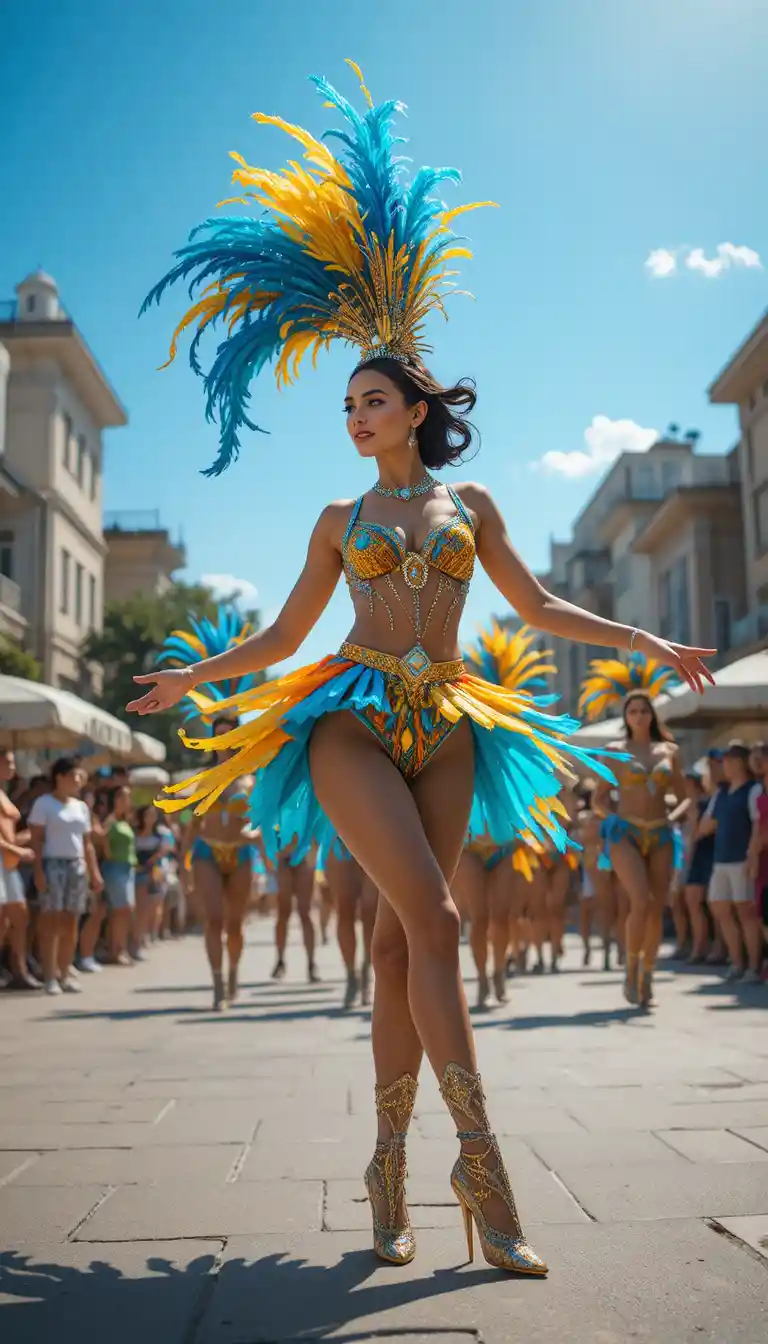 Carnival dancer in feathered costume under bright daylight