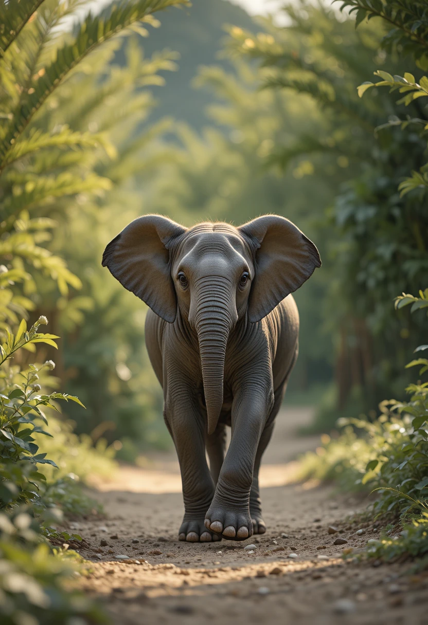 Young elephant running on sandy ground in lush habitat