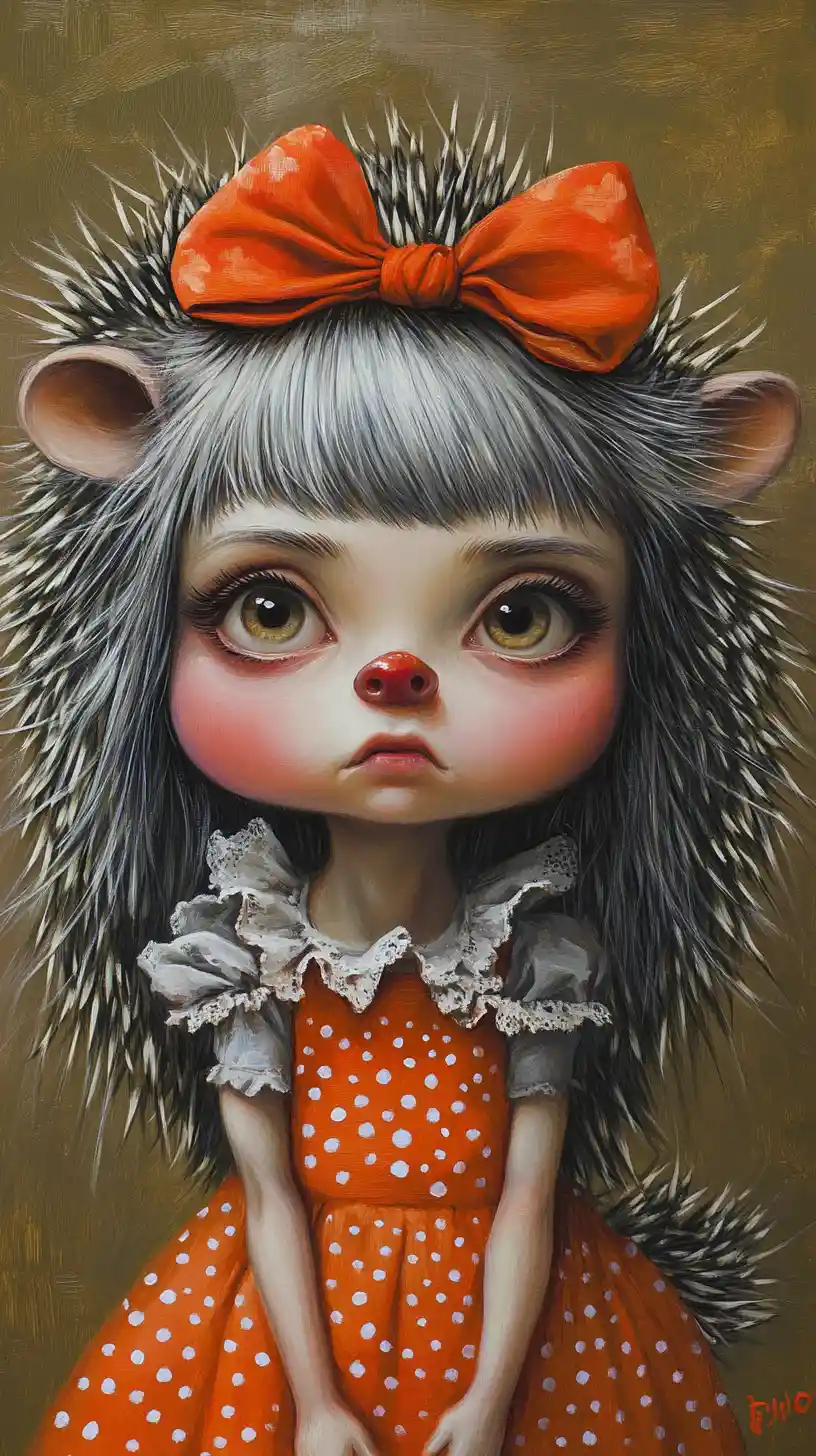 Surreal anthropomorphic hedgehog in polka dot dress illustration