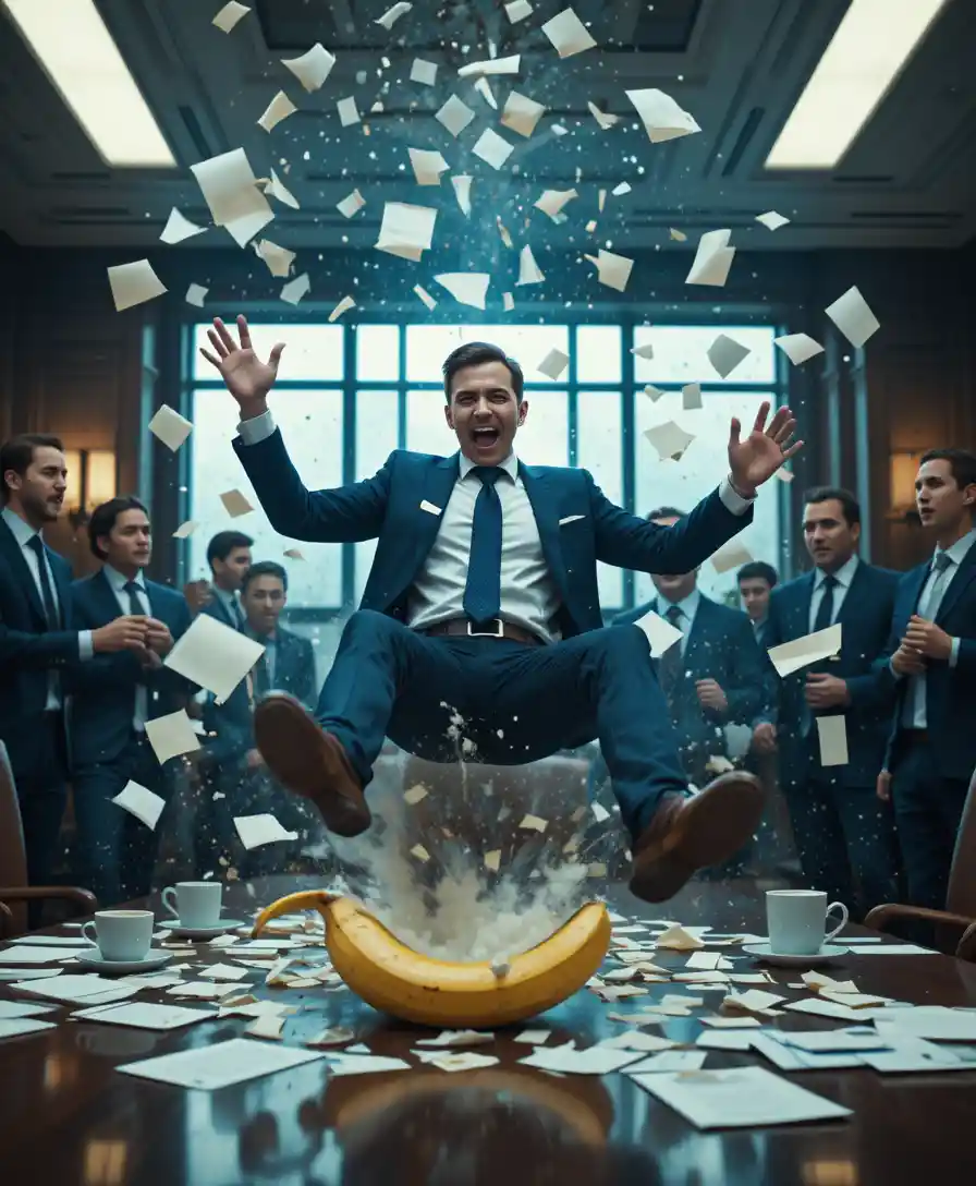 Businessman Slipping On Banana Peel In Fancy Office