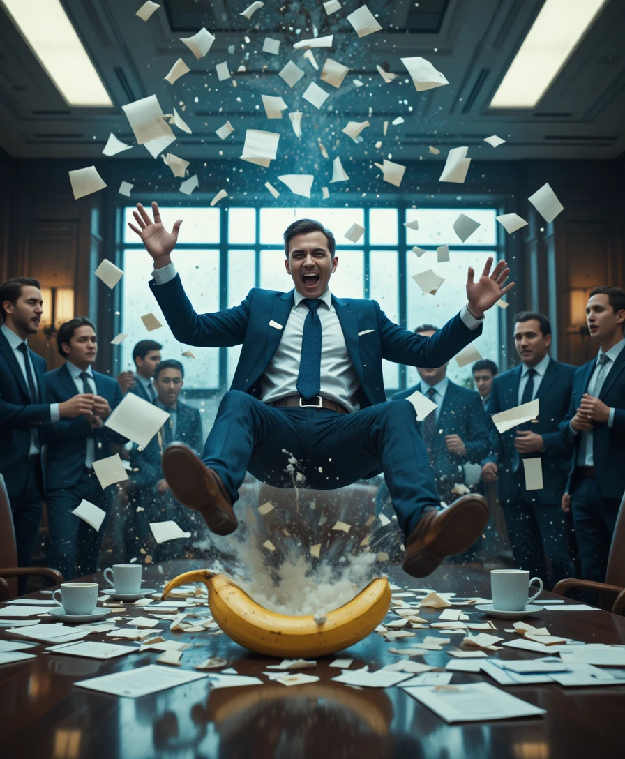 Businessman Slipping On Banana Peel In Fancy Office