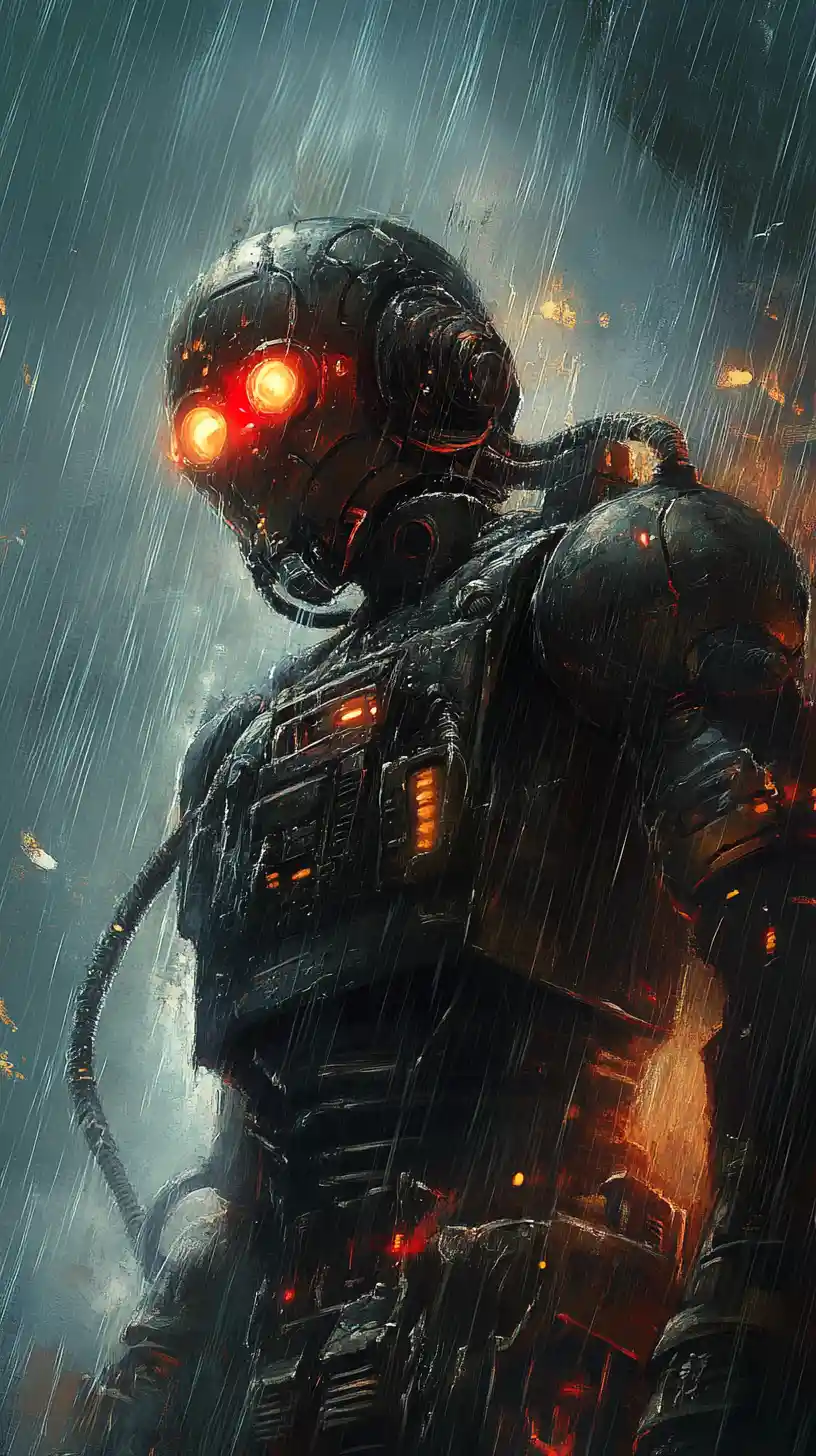Colossal war machine rises over neon storm cityscape