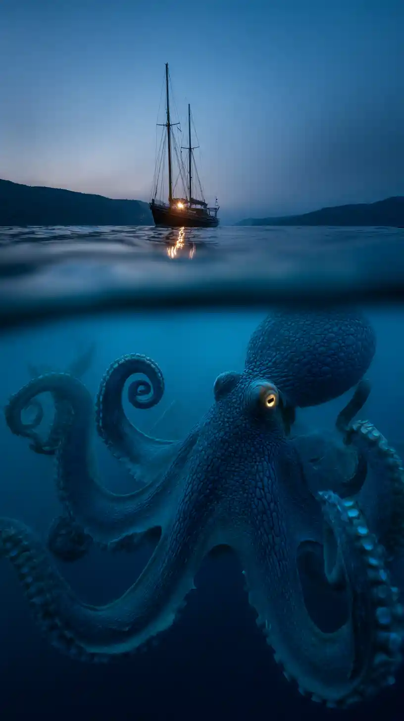 Underwater view of sailboat above colossal lurking octopus